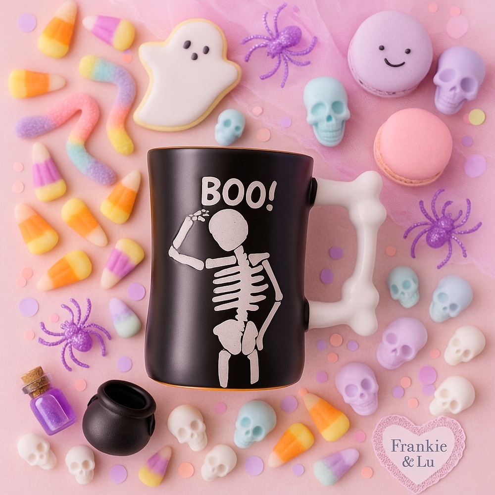 Halloween Skeleton BOO Mug Bone Handle Black Orange Interior Coffee Cup NWT